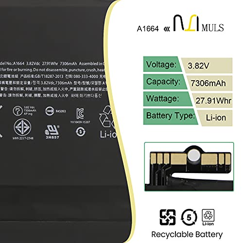 MULS A1664 Tablet Battery for iPad Pro 9.7'' (2016, Wi-Fi/Cellular) A1673 | A1674 A1675 020-00823 MLMW2LL/A MLN02LL/A MLMN2LL/A MLMV2LL/A MLMY2LL/A MLMQ2LL/A MLMX2LL/A MLN12LL/A MM172LL/A MM192LL/A - size: 8.86*6.50*1.18 in A1664
