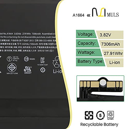 MULS A1664 Tablet Battery for iPad Pro 9.7'' (2016, Wi-Fi/Cellular) A1673 | A1674 A1675 020-00823 MLMW2LL/A MLN02LL/A MLMN2LL/A MLMV2LL/A MLMY2LL/A MLMQ2LL/A MLMX2LL/A MLN12LL/A MM172LL/A MM192LL/A - size: 8.86*6.50*1.18 in A1664