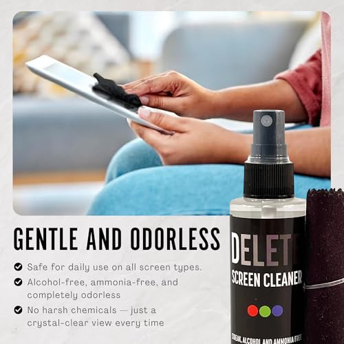 Delete Screen Cleaner Spray Kit 4 Pack 2oz Bottle, 12"x12" Microfiber Cloth | Streak-Free, Safe and Gentle Cleaning Formula, Multi-Purpose for Travel, Small TVs, Cameras, Laptops, Phones, Made in USA - style: 4 Pack, 2oz