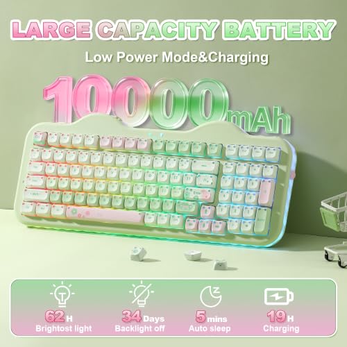 YUNZII C98 Cute Wireless Mechanical Keyboard(Green Mao, Candy Switch) | Cake Keyboard,99 Keys with Number Pad, MAO Keycaps, BT5.0/2.4G/USB-C,Hot Swap, Gasket Mount, Custom RGB Backlight for Win/Mac - color: Green MAO, size: Candy Linear Switch