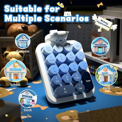 FELICON Cute Wireless Numeric Keypad with Silicon Bear,18-Key-Milk Blue | Colorful Round Keycaps,Ergonomic,2.4Ghz USB Receiver,Portable Financial Accounting Numpad Membrane Keyboard for PC,Mac,Laptop - color: Milk Blue