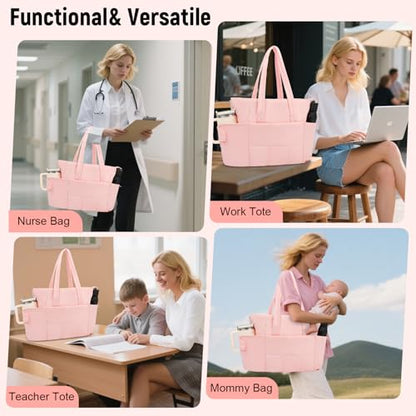 Puffer Tote Bag with Large Cup Holder& 15.6 Inch Laptop Compartment, Lightweight Puffy Work Bag with Water Bottle Pocket, Large Laptop Tote with Clutch Purse for Women Teacher Nurse (Pink) - color: Pink