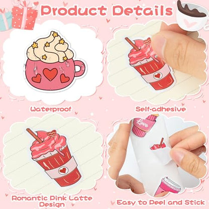 Haooryx Valentine's Day Latte Sticker - 1000 Pcs Romantic Pink Coffee Latte Heart Cream Letter Scrapbook Stickers 2 Roll Self-adhesive Waterproof Vinyl Decals Junk Jounal Valentine Gift Party Supplies - style: Romantic