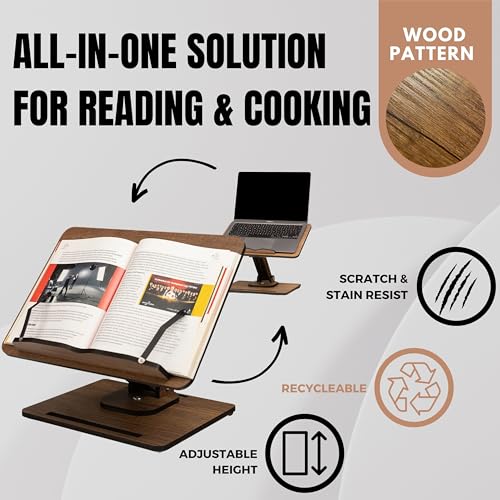 Vigo Wood Book Stand for Reading 360° Adjustable, Wooden Laptop Stand, Cookbooks Holder, Music Scores, Featuring Multi-Height Angles and Foldable Design with Page Clips.