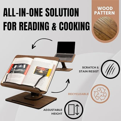 Vigo Wood Book Stand for Reading 360° Adjustable, Wooden Laptop Stand, Cookbooks Holder, Music Scores, Featuring Multi-Height Angles and Foldable Design with Page Clips.