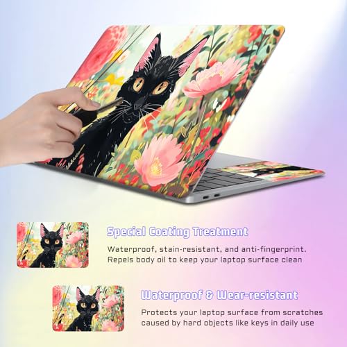 Universal Laptop Skin Sticker Decal, Compatible with MacBook HP Dell Lenovo 12"-15.6", Reusable Vinyl Notebook Cover 3PCS Set, High-Recognition Film-Black Cat Pink Flowers Cartoon - color: Black Cat Pink Flowers Cartoon