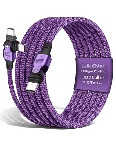 USB C to C Cable 3m Purple, 180 Rotation 240W PD Fast Charging 480Mbps Data Transfer, Type C Charger Cord with E-Marker Chip, for Laptop Phone iPad, 1Pack