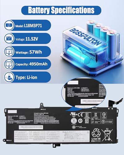 57Wh L18M3P71 L18L3P71 Battery Replacement for Replacement for Lenovo ThinkPad T590 P53S ThinkPad T15 P15s 1st Gen Series Y530-15ICH-1060 Y540-15IRH -11.52V 4950mAh - size: 10.73*3.75*0.25 IN L18M3P71
