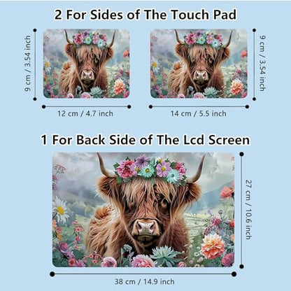 Universal Laptop Skin Sticker with 2 Wrist Pad Skins, Waterproof Scratch Resistant Vinyl Laptop Cover Decal, Cut to Fit for 11–15.6 Inch MacBook HP Dell Lenovo, Flowers Highland Cattle - color: Flowers Highland Cattle