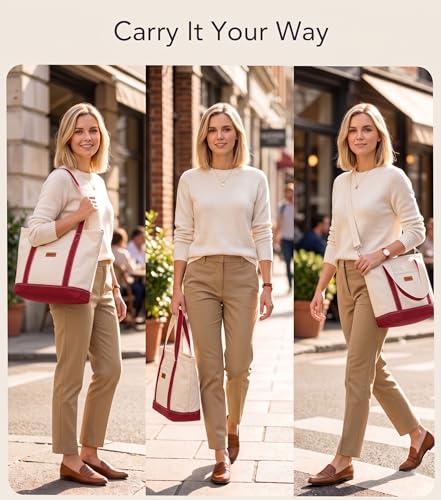 Aveniee Canvas Tote Bag for Women, Crossbody Purse with Zipper, Adjustable Shoulder Strap Handbags - color: Dark Red