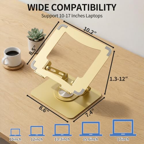 SOUNDANCE 360 Rotating Laptop Stand, Ergonomic Computer Riser for Desk, Adjustable Height Multi-Angle Metal Holder, Foldable Portable Notebook Elevating Base for Office & Home, Gold - color: Gold