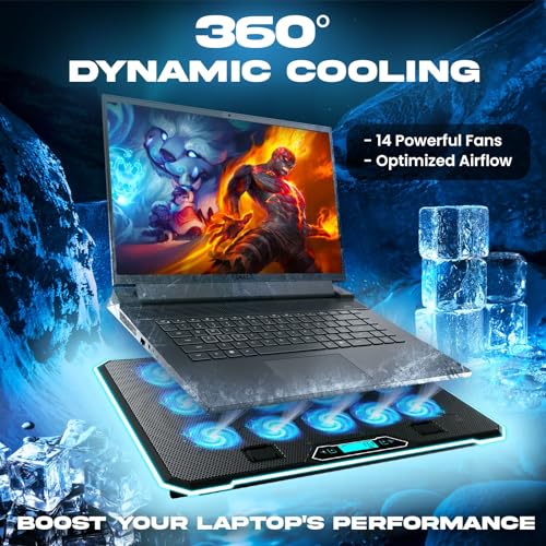 KLIM V14 Gaming Laptop Cooling Pad with 14 Fans + Gaming Laptop Cooler + Stable RGB Laptop Stand with Fan + Compatible up to 17 Inches + 2 USB Ports + Mobile Phone Holder + 5 Years Protection | Adjustable tilt angle - integrated mobile phone holder - 5 ye