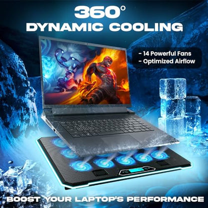 KLIM V14 Gaming Laptop Cooling Pad with 14 Fans + Gaming Laptop Cooler + Stable RGB Laptop Stand with Fan + Compatible up to 17 Inches + 2 USB Ports + Mobile Phone Holder + 5 Years Protection | Adjustable tilt angle - integrated mobile phone holder - 5 ye