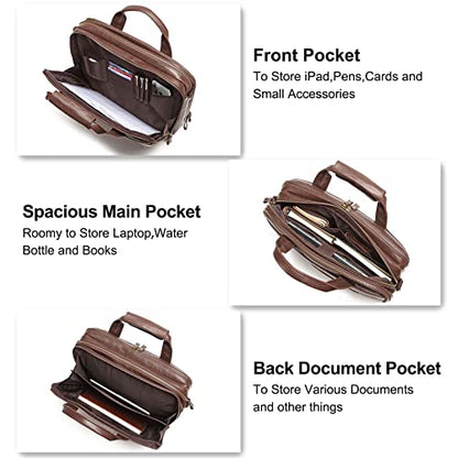 Bosidu Leather Briefcases for Men 15.6 Inch Laptop Messenger Bag with Triple Compartments Water-Resistant Computer Shoulder Bag for Business, Travel, Work, Office, Brown - color: Brown