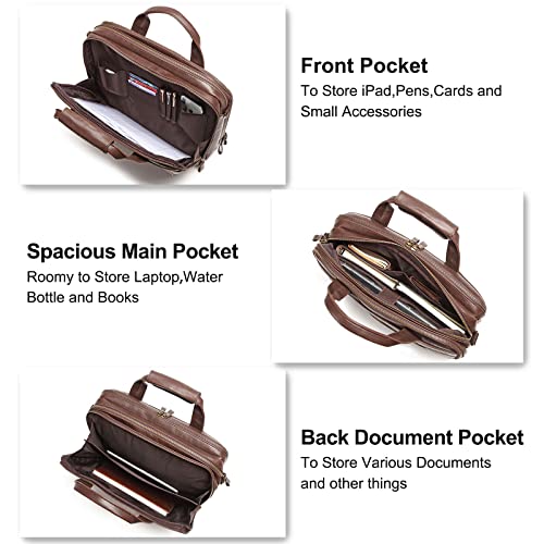 Leather Briefcases for Men 15.6 Inch Laptop Messenger Bag with Triple Compartments Water-Resistant Computer Shoulder Bag for Business, Travel, Work, Office, Brown - color: Brown