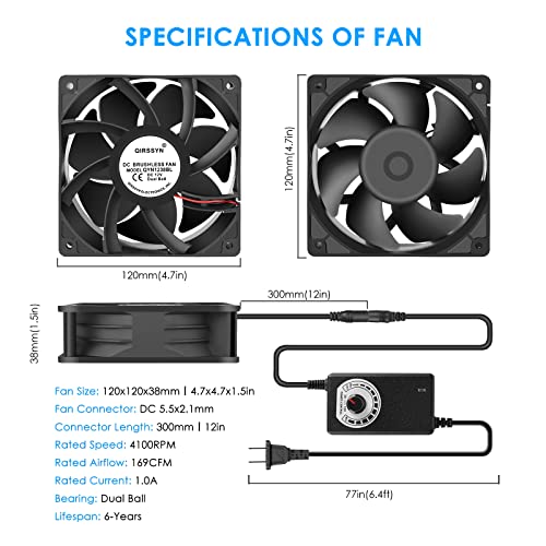 High cfm Computer Fan 120mm x 38mm 110V 220V AC Powered Variable Speed Fan Cooling Components for Receiver Xbox DVR PlayStation Mining Rig Case Server Cabinet Grow Tent GPU Workstations - size: 4.7x4.7x1.5in
