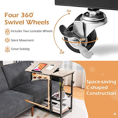 Tangkula Height Adjustable C Shaped End Table with Lockable Wheels, Mobile Couch Desk Table with Tiltable Table Top, Sofa Bedside Laptop Stand TV Tray with Storage Shelves, Snack Side Table - color: Natural
