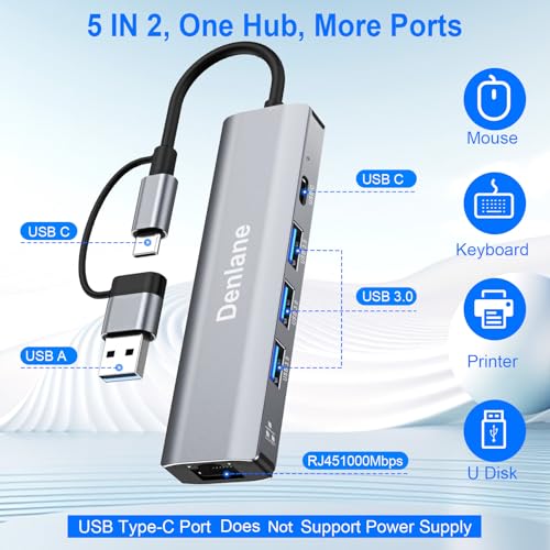 USB C USB 3.0 to Ethernet Adapter, 5 in 2 Gigabit USB Ethernet Hub for Laptop with 4-Port USB-A 3.0 and USBC, 1000Mbps RJ45 LAN Network Adapter Compatible with MacBook/iPad Pro/Phone/Tablet - size: 1000 Mbps