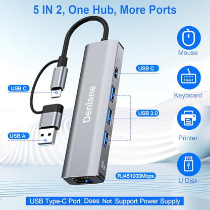 USB C USB 3.0 to Ethernet Adapter, 5 in 2 Gigabit USB Ethernet Hub for Laptop with 4-Port USB-A 3.0 and USBC, 1000Mbps RJ45 LAN Network Adapter Compatible with MacBook/iPad Pro/Phone/Tablet - size: 1000 Mbps