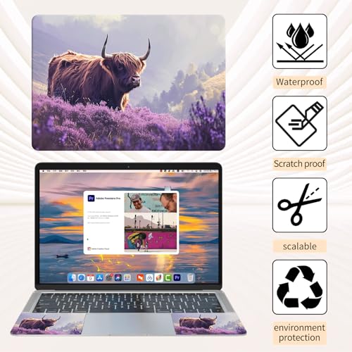 15.6 Inch Laptop Skin Sticker, Reusable Vinyl Cover Protector with 2 Wrist Pad Skins, Removable Waterproof Scratch-Resistant for 12-15.6 Inch Laptop Notebook,Highland Cow in Bloom - color: Highland Cow In Bloom