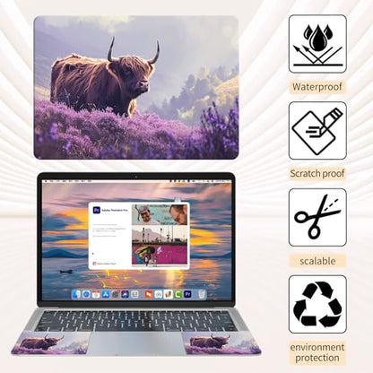 15.6 Inch Laptop Skin Sticker, Reusable Vinyl Cover Protector with 2 Wrist Pad Skins, Removable Waterproof Scratch-Resistant for 12-15.6 Inch Laptop Notebook,Highland Cow in Bloom - color: Highland Cow In Bloom