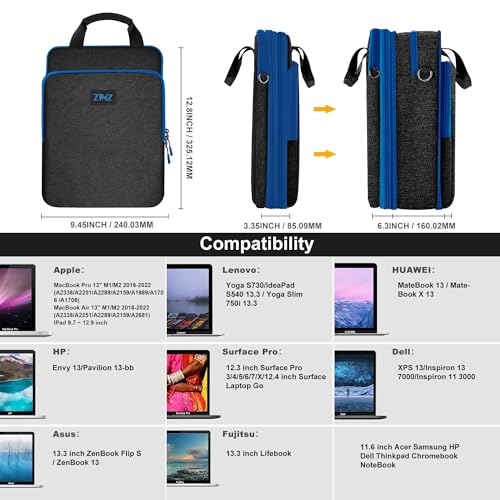 Laptop Shoulder Bag 12.3-13 inch Case Sleeve, Expandable Handbag with Valuables Compartment Compatible with MacBook Air/Pro/Neo 13", iPad 12.9"/13"/11", Shockproof,Black-Blue edge - color: Black-blue Edge