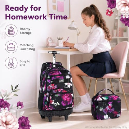3Pcs Rolling Backpack for Girls, 19 Inche Rose Roller Bag with Wheels, Adults Wheeled Bookbag Set for Women(Black) - color: Rose Black02