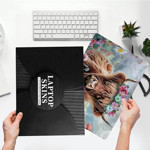 Universal Laptop Skin Sticker with 2 Wrist Pad Skins, Waterproof Scratch Resistant Vinyl Laptop Cover Decal, Cut to Fit for 11–15.6 Inch MacBook HP Dell Lenovo, Flowers Highland Cattle - color: Flowers Highland Cattle