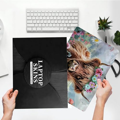 Universal Laptop Skin Sticker with 2 Wrist Pad Skins, Waterproof Scratch Resistant Vinyl Laptop Cover Decal, Cut to Fit for 11–15.6 Inch MacBook HP Dell Lenovo, Flowers Highland Cattle - color: Flowers Highland Cattle