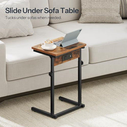 HOOBRO C-Shaped End Table with Charging Station, Adjustable Height Sofa Tray Side Table, Slide Under Couch Arm Table, Small C Side Table for Small Space in Living Room, Bedroom, Rustic Brown BF71USF01 - color: Rustic Brown + Black