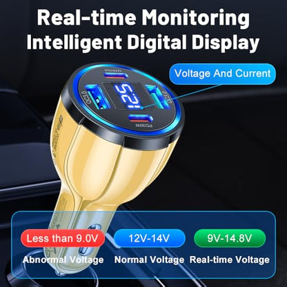 USB C Car Charger Adapter with Voltmeter Compatible with iPhone, Android, Samsung, iPad Pro, PD30W &QC3.0 Multi Port Fast Charging (Yellow) - color: Yellow