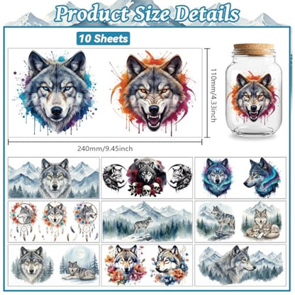 Peacoblue UV DTF Cup Wraps Transfer Stickers Wolves with Dreamcatchers and Mountains Pattern, 10 Sheets Waterproof Custom Transfer Sticker 16oz Coffee Glass Tumbler Bottle Mug Decals for Men Women - style: Wolves with Dreamcatchers and Mountains