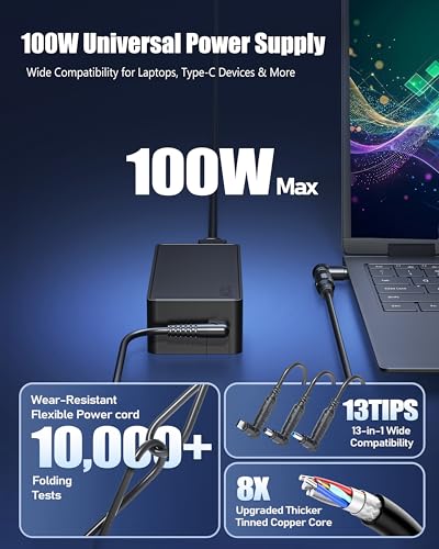 100W 90W USB C Universal Laptop Charger with 13Tips Compatible with Lenovo HP Dell Asus Acer Samsung ThinkPad Yoga Pavilion Envy Latitude Aspire Vivobook Chromebook Notebook Adapter Power Supply