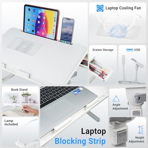 Adjustable Laptop Lap Desk with Cooling Fan USB Light for Adults 56x32cm,White - color: White,56-32cm