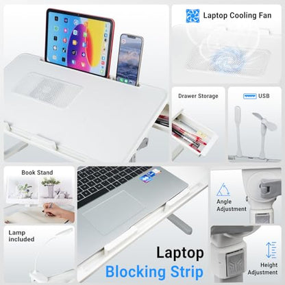 Adjustable Laptop Lap Desk with Cooling Fan USB Light for Adults 56x32cm,White - color: White,56-32cm
