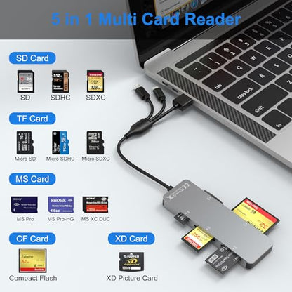 Memory Stick Pro Duo Adapter for iPhone/USB C/PC - Aluminum 5 in 1 SD/TF/CF/MS/XD Picture Card Reader, Multi Memory Card Reader USB C Lightning OTG Adapter Memory Stick Pro Duo Mark 2 Adapter