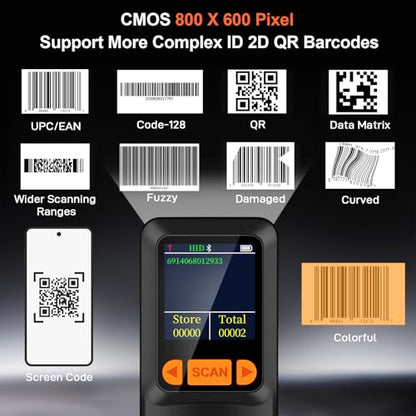 KUIIYER Mini Barcode Scanner, 2D QR 1D Bluetooth Wireless Bar Code Reader | LCD Screen Display & Setting Keypad & AI Voice, Small Portable Handheld Barcode Reader for Smart Phone, Computers & POS