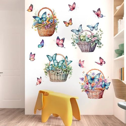 Flower Basket Butterfly Wall Stickers Bedroom Bathroom Restroom Cistern Nursery Decor DIY Removable Bouquet Toilet Seat Lid Decals 4 Pcs (Green) - color: Green