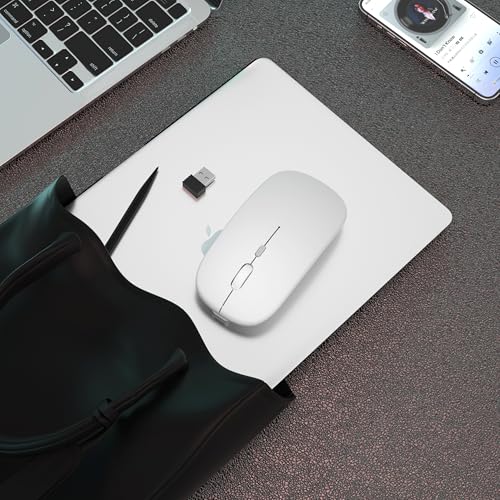 AIKOKOK Wireless Bluetooth Mouse, Rechargeable, Dual Mode Bluetooth 5.2 & 2.4G USB, LED Lights, Slim, Silent, Portable Computer Mouse for Laptop, PC, MacBook, iPad, Tablet (Bright White) - color: Bright White