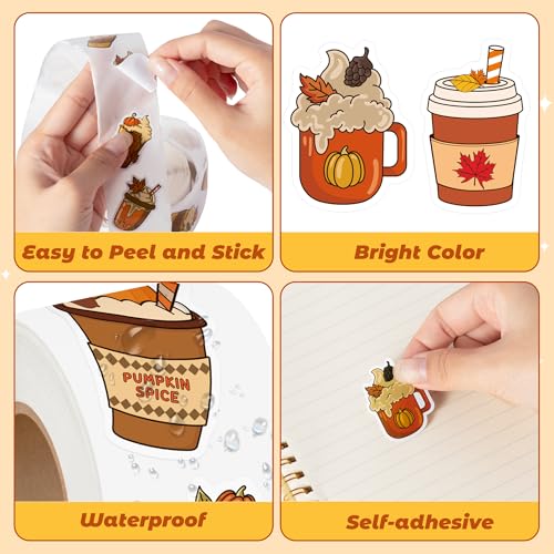 Haooryx Fall Coffee Sticker Roll - 1000p Autumn Pumpkin Spice Latte Coffee Cup Waterproof Vinyl Laptop Sticker Water Bottle Page Activity Pad Thanksgiving Birthday Party Scrapbook Greeting Card Making - style: Fall-Theme Pumpkin Coffee Cup 2Roll