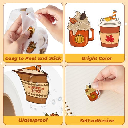 Haooryx Fall Coffee Sticker Roll - 1000p Autumn Pumpkin Spice Latte Coffee Cup Waterproof Vinyl Laptop Sticker Water Bottle Page Activity Pad Thanksgiving Birthday Party Scrapbook Greeting Card Making - style: Fall-Theme Pumpkin Coffee Cup 2Roll