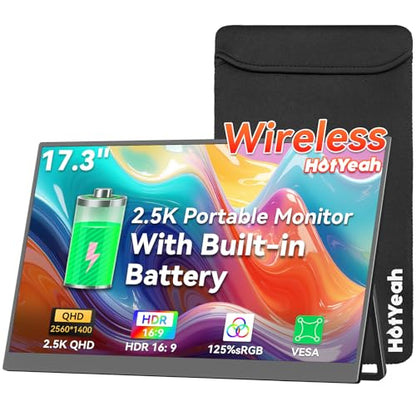 17.3" 2.5K Wireless Portable Travel Monitor, Support AirPlay Miracast | 2560×1440P USB-C HDMI External Computer Monitor, 2nd Screen for Laptop MacBook PC Phone Tablet, w/Built-in Battery(3- 4H) - size: 17.3-inch