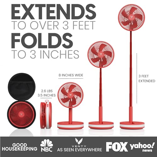 VENTY Portable Fan - Wireless Battery Operated Fan - 4 Speeds - LED Lighting - Carry Case & Remote Control - Cruise Travel - Outdoor Travel RV Power Bank With USB-C Port (Red with Case) - color: Red