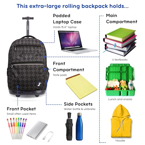 J World Sundance Laptop Rolling Backpack for Girls Boys. Roller Bookbag with Wheels, 20 Inch, Argyle Black - color: Argyle Black