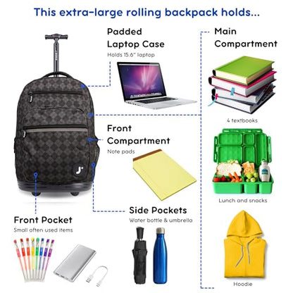 J World Sundance Laptop Rolling Backpack for Girls Boys. Roller Bookbag with Wheels, 20 Inch, Argyle Black - color: Argyle Black