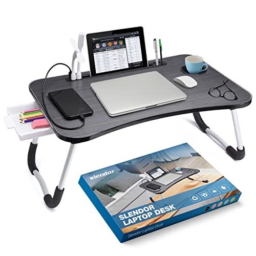 Slendor Bed Desk for Laptop and Writing with Storage, Cup Holder, Light | Fan, Pen Holder,Tablet Holder,Foldable, for Bed, Couch, Floor, Portable,Black - color: Black