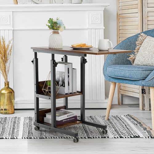 Hadulcet C Shaped Side Table Adjustable, Height Adjustable C Table with Wheels and Storage Shelves for Couch Bed Recliner Rustic Brown - color: Romantic Brown, style: Modern