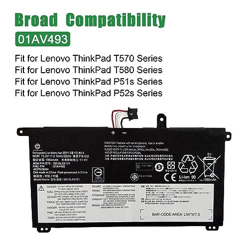 01AV493 SB10L84121 Laptop Battery Replacement for Lenovo ThinkPad T570 T580 P51s P52s Series Notebook 00UR891 SB10L84122 00UR892 SB10L84123 00UR890 15.2V 32Wh 2100mAh - size: 10.2*5.9*1.2inch 01AV493