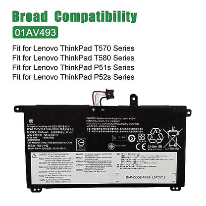 01AV493 SB10L84121 Laptop Battery Replacement for Lenovo ThinkPad T570 T580 P51s P52s Series Notebook 00UR891 SB10L84122 00UR892 SB10L84123 00UR890 15.2V 32Wh 2100mAh - size: 10.2*5.9*1.2inch 01AV493