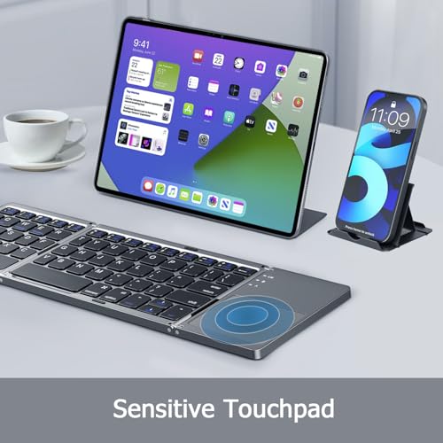 Foldable Bluetooth Keyboard with Touchpad, Ultra Slim Portable Wireless Keyboard with Rechargeable Battery for Android Windows iOS Tablets Laptop-Space Gray